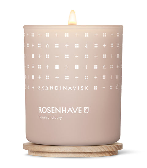 Rosenhave, organic vegan rose garden scented candle in soft pink toned glass jar with wooden lid for Nordic home style from Skandinavisk