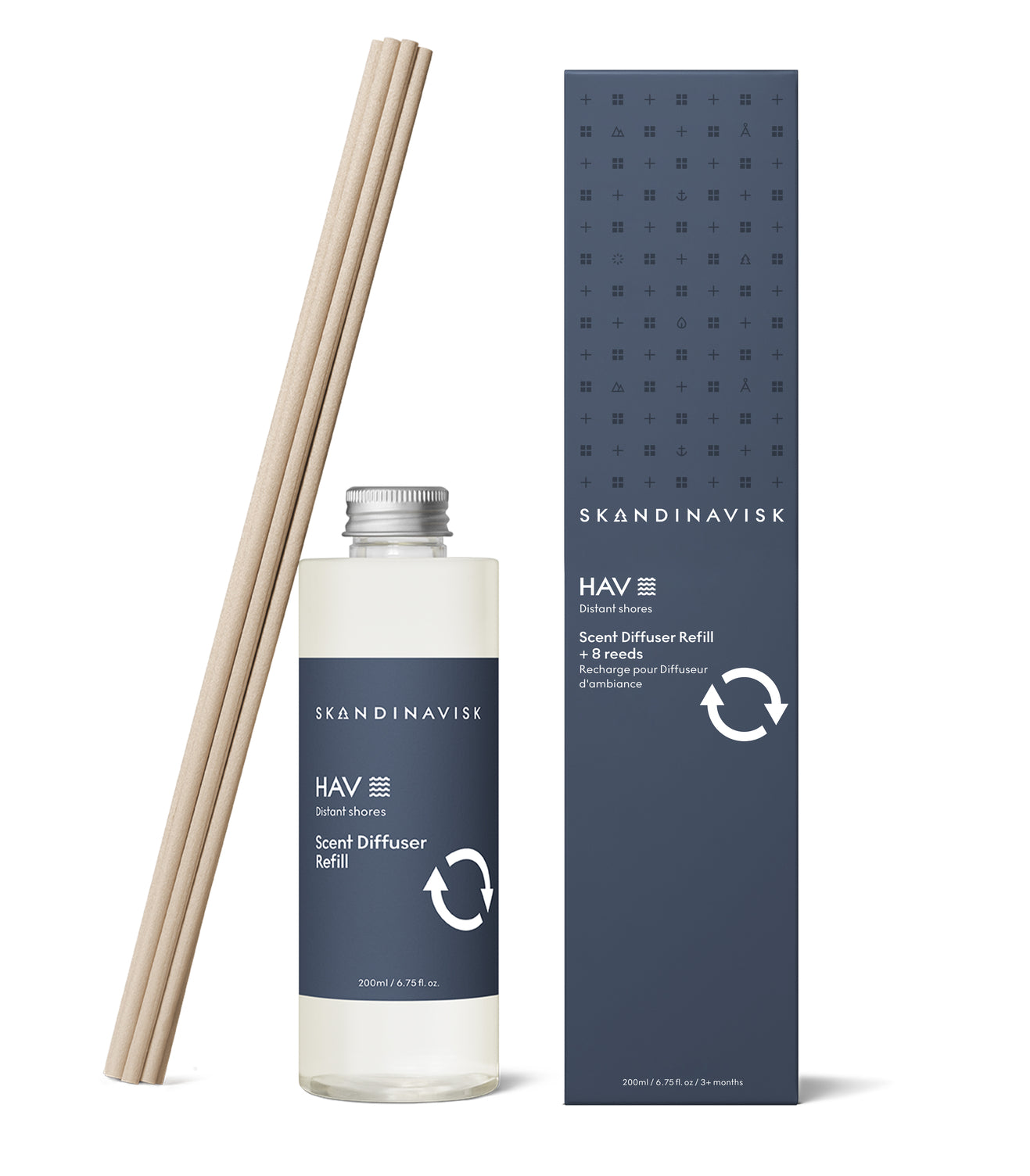 Sustainable & price conscious refill for HAV scent diffuser of organic vegan room fragrance with 8 sticks in plastic bottle for the best in Nordic home style from Skandinavisk