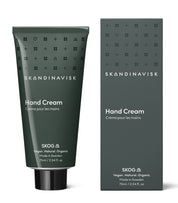 SKOG; scents of the forests, from Skandinavisk, organic, natural & vegan 75ml hand cream in tubes of post consumer waste metal for best sustainability values.