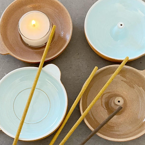 Unique, handmade exclusively for Bare Nordic Beauty, Skåne Ljus created a ceramic incense holder for incense sticks, loose incense or tealights in local clay, glazed gloss blue or transparent colour on the inside with the outer left natural . With hand tag .