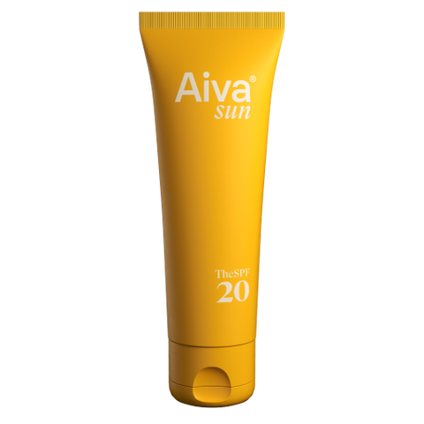 Aiva Organics yellow tube of natural suncream SPF20 with carefully blended organic Nordic plant extracts