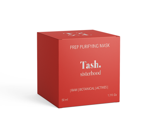 Bright orange box with jar of Prep Purifying Mask for mild exfoliating effect on the face from natural olive leaves from raw plant skincare brand Tash sisterhood.