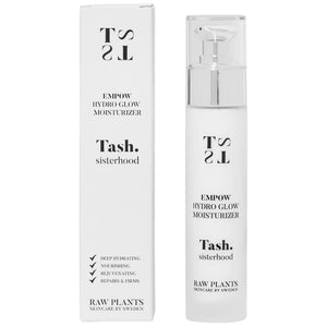Empow Hydro Glow moisturiser in its iconic white pump bottle is the only day cream you will need, from raw plant vegan skincare Tash sisterhood.
