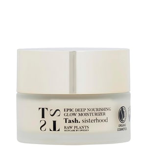 Rich daily moisturiser in luxury glass jar with golden lid, this vegan all natural formula Epic Deep Moisturiser is perfect for older skin. From raw plants skincare Tash sisterhood.