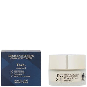 Rich daily moisturiser in luxury glass jar with golden lid, in a luxurious dark blue and gold carton, this vegan all natural formula Epic Deep Moisturiser is perfect for older skin. From raw plants skincare Tash sisterhood.