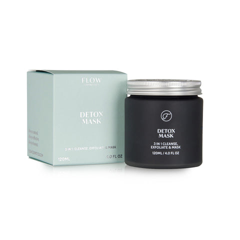 Black charcoal face mask from Flow Cosmetics is an organic home treatment to cleanse, exfoliate and detox the skin