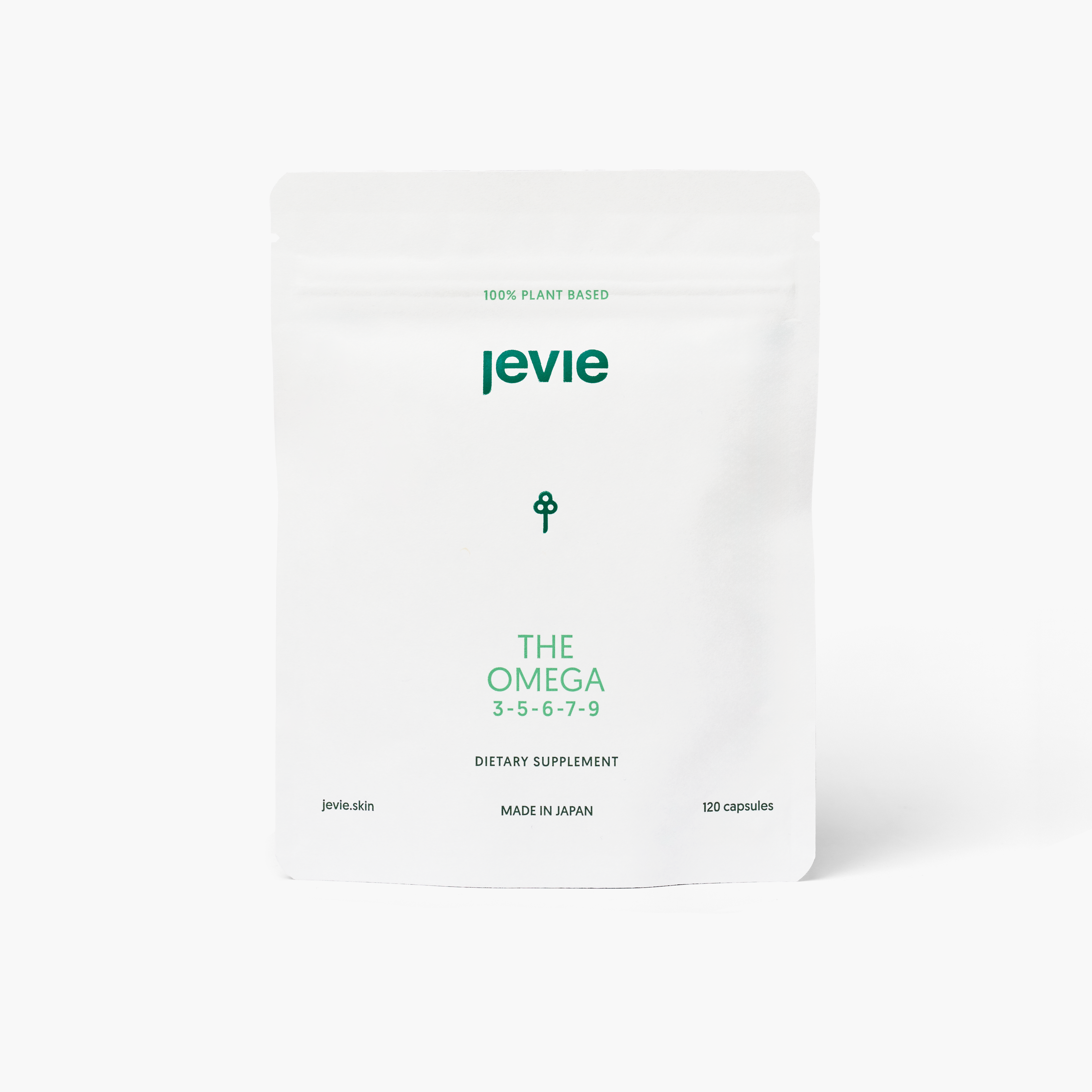 White pouch of Jevie Omega 3-5-6-7-9 supplement, clean plant-based formulation of omega fatty acids for skin and wellness