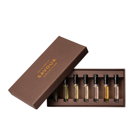 Sample collection of 5ml spray bottles of all natural and vegan eau de parfum from Savour Sweden, in an elegant gift box.