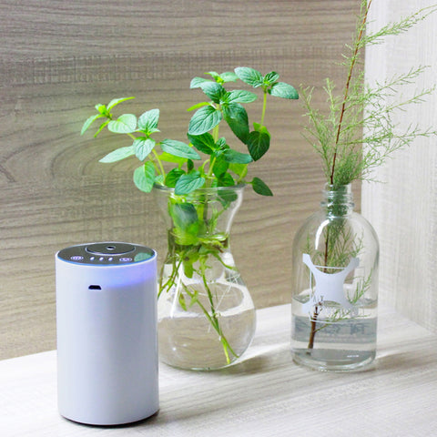 Modern white portable essential oil diffuser, ideal to use in the car, at your desk or anywhere without the need for a cable or wall outlet. No water - simply screw in the essential oil 10ml bottle.