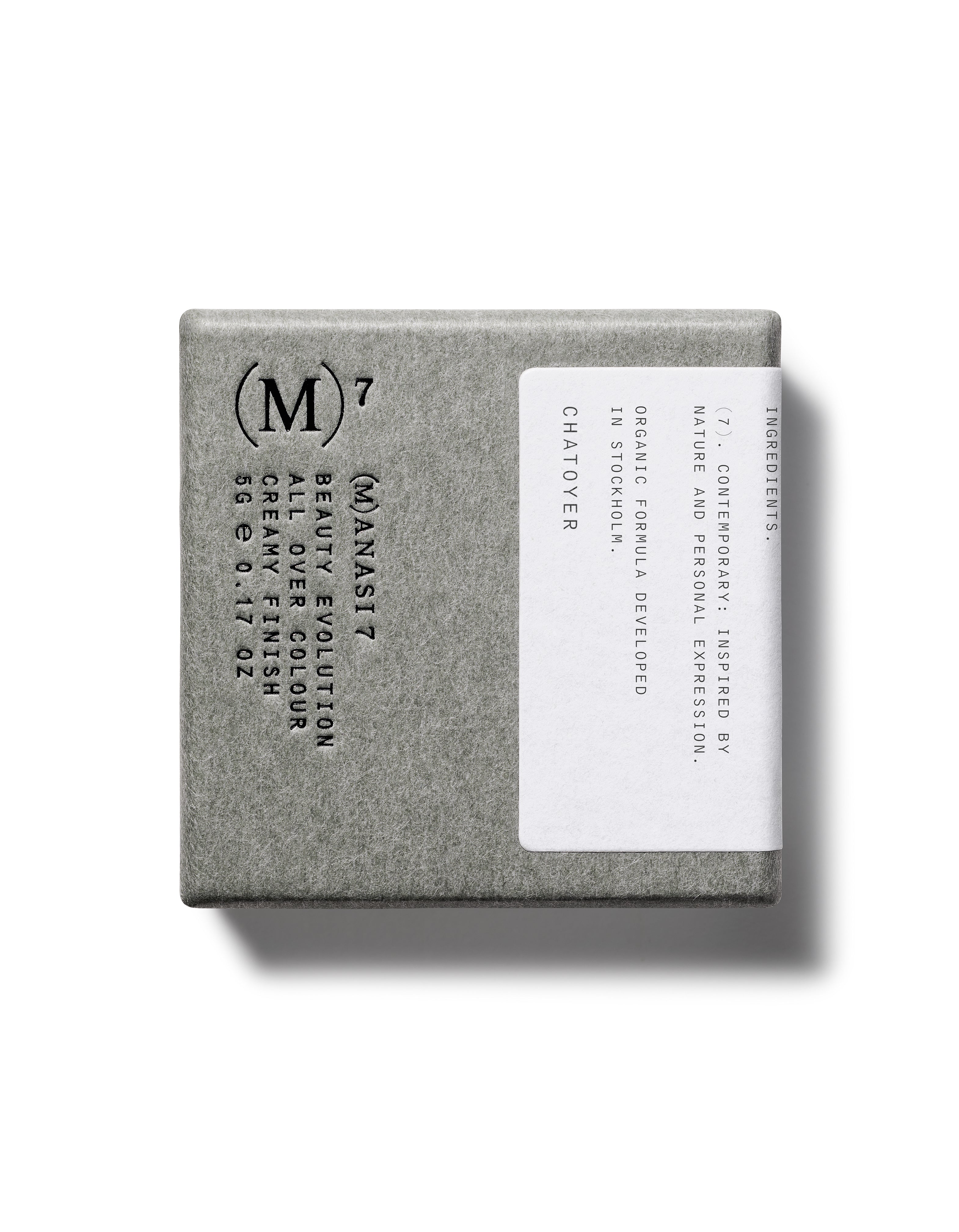 Shade Chatoyer, in distinctive ustainable packaging of grey green  for multi use natural and organic lip cheek & eye colour from Swedish make up brand Manasi7