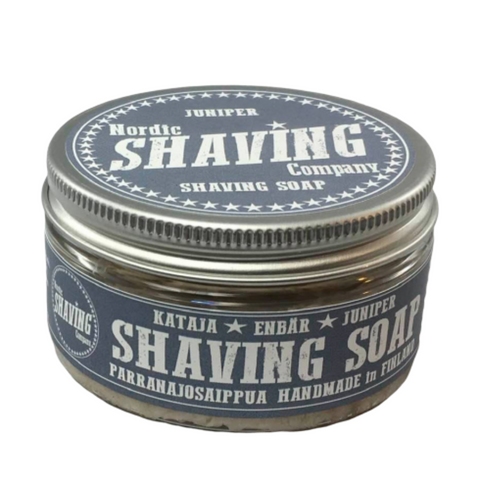 Retro styling for these natural shaving soap from the Nordic Shaving Company, with its grey label, the metal tin contains wet shaving soap scented by juniper berries and leaves.