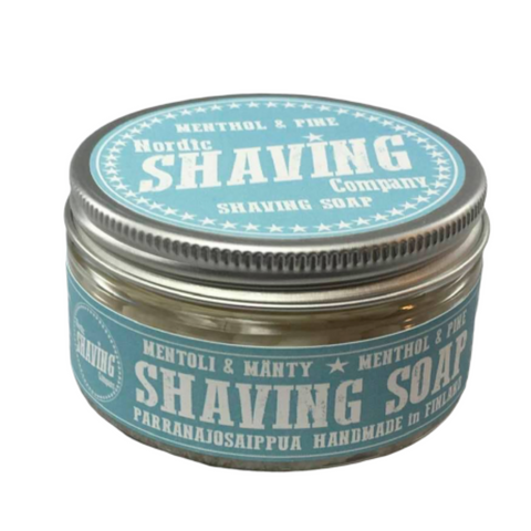 Retro styling for these natural shaving soap from the Nordic Shaving Company, with its light blue label, the metal tin contains wet shaving soap scented by fresh menthol and pine leaves.