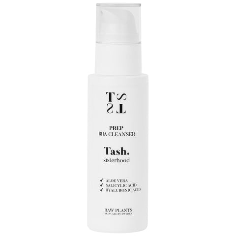 White pump bottle of Prep BHA Cleanser for mild exfoliating effect from natural acids from raw plant skincare brand Tash sisterhood.