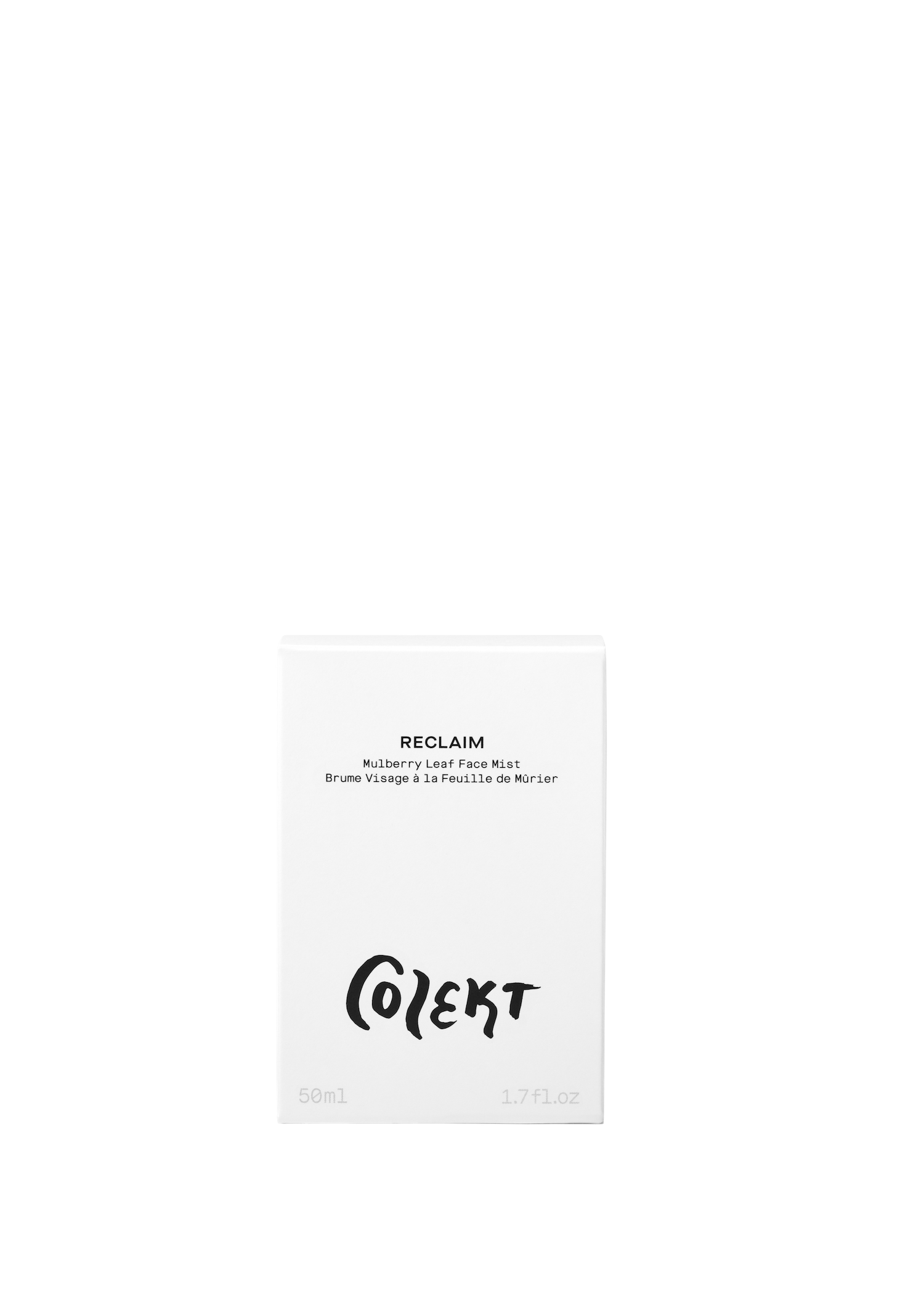 RECLAIM mulberry leaf face mist natural & vegan  skincare in elegant white box with bold black graphic from Colekt Stockholm