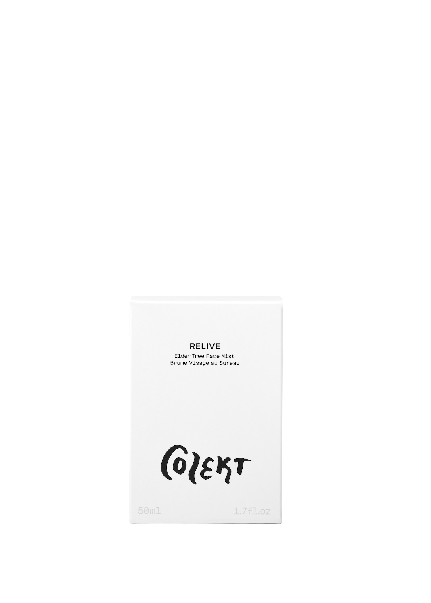 RELIVE elder tree face mist natural & vegan skincare in elegant white box with bold black graphic from Colekt Stockholm
