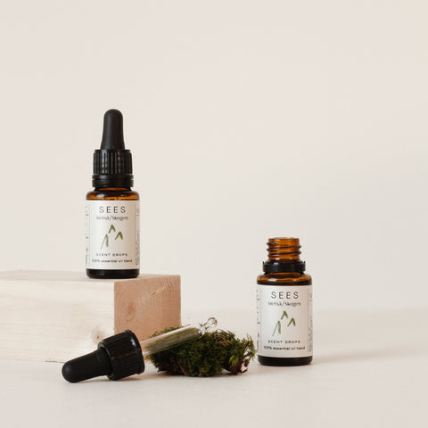 Sustainable forest scented oil blend for diffusers or sauna in the natural home, presented in a brown glass dropper bottle for a quality gift from Finland's natural lifestyle company SEES