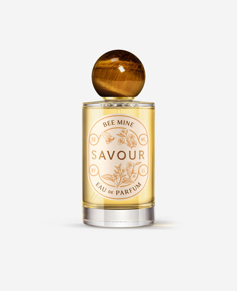A citrus floral blend Bee Mine is a natural eau de parfum with lemon notes, all natural and vegan from Savour Sweden, with a pretty and elegant label and large amber stopper.
