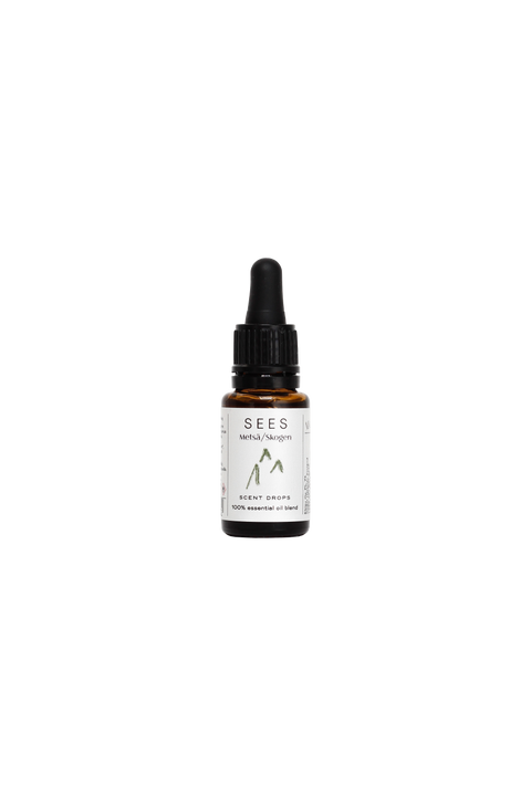 Sustainable forest scented oil blend for diffusers or sauna in the natural home, presented in a brown glass dropper bottle for a quality gift from Finland's natural lifestyle company SEES