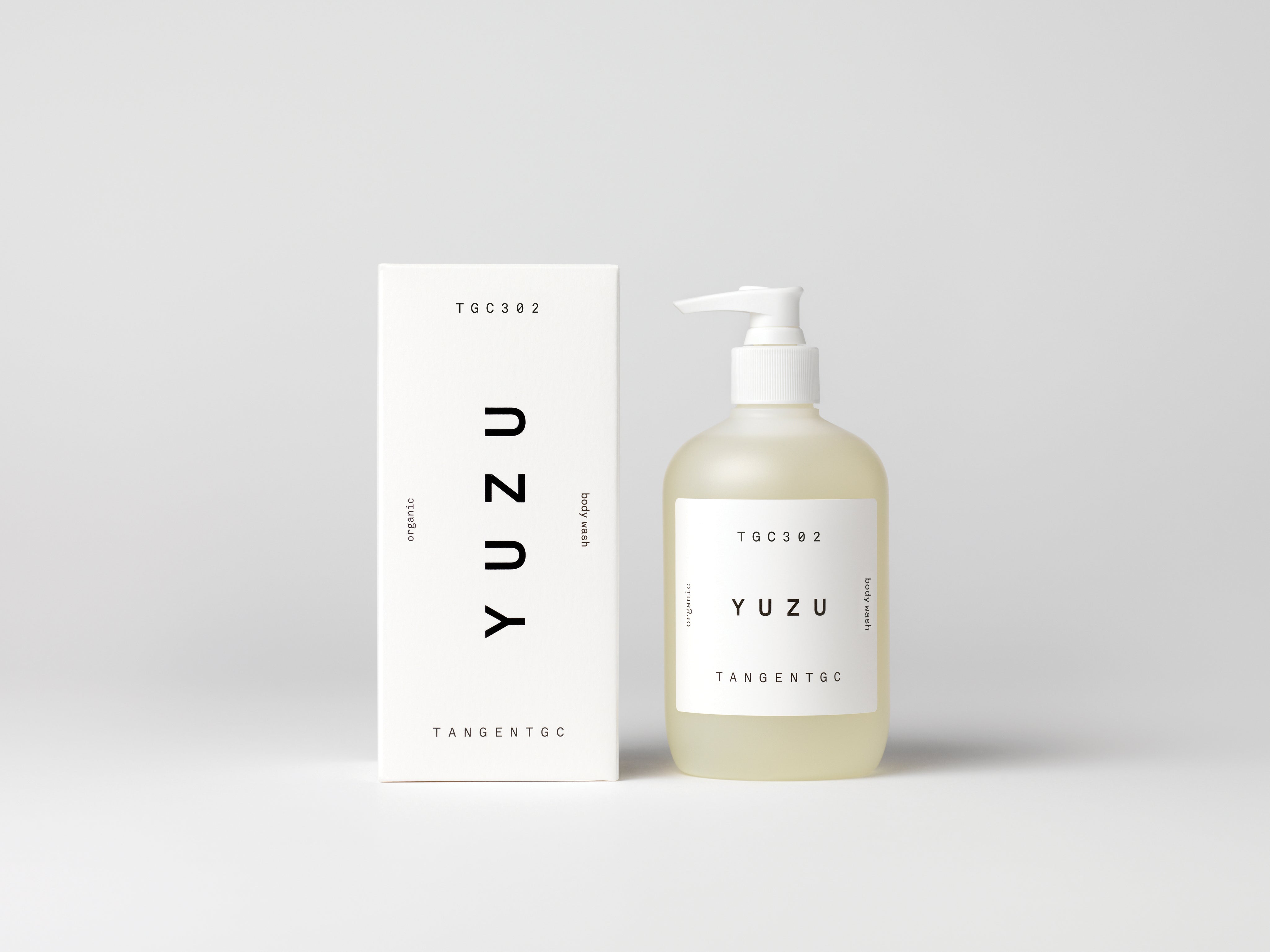 Simple & refined white box with statement text for luxury organic body wash with natural Yuzu perfume from Tangent GC