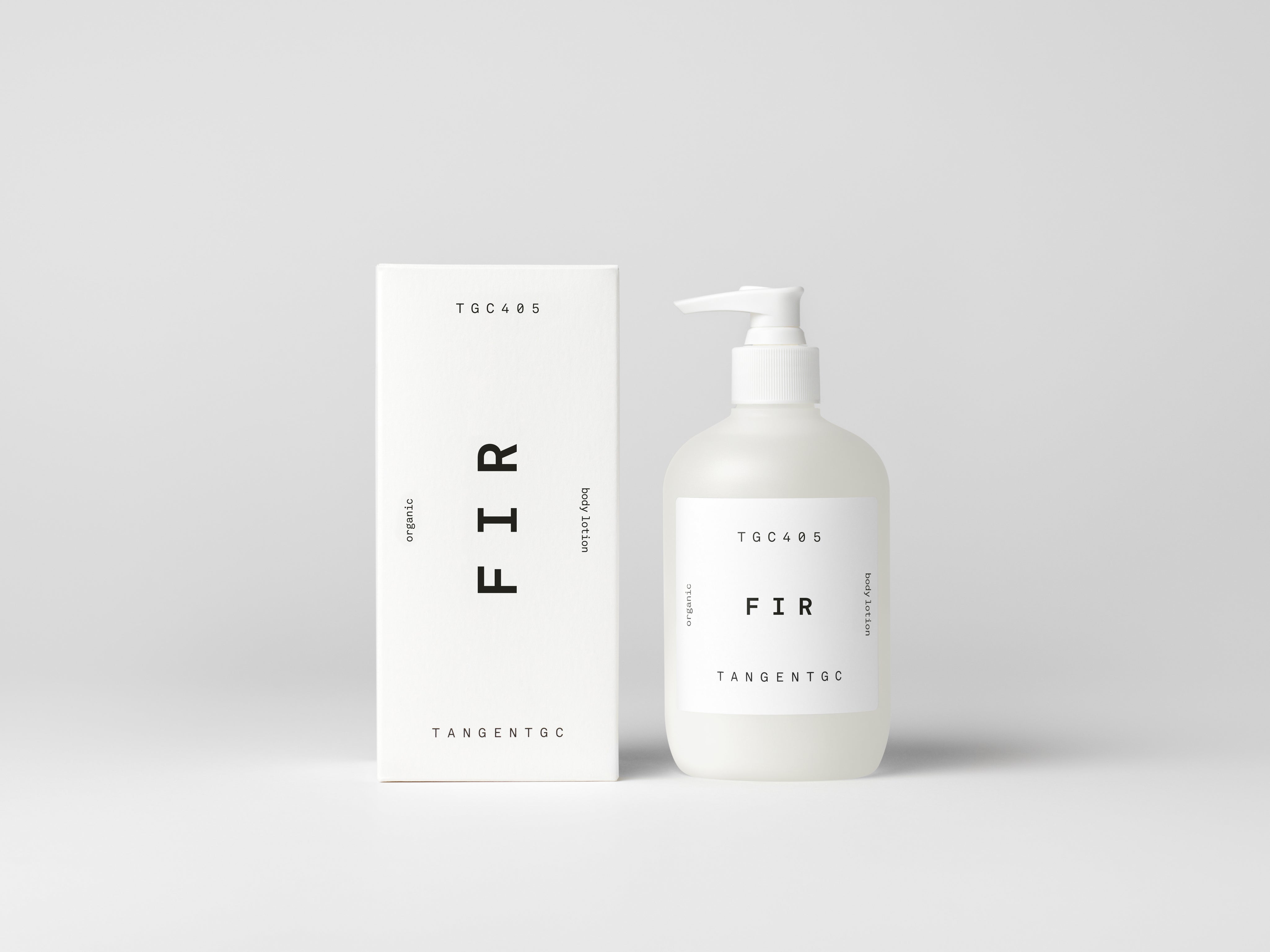 Simple & refined white box with statement text for luxury organic body lotion with natural Fir perfume from Tangent GC