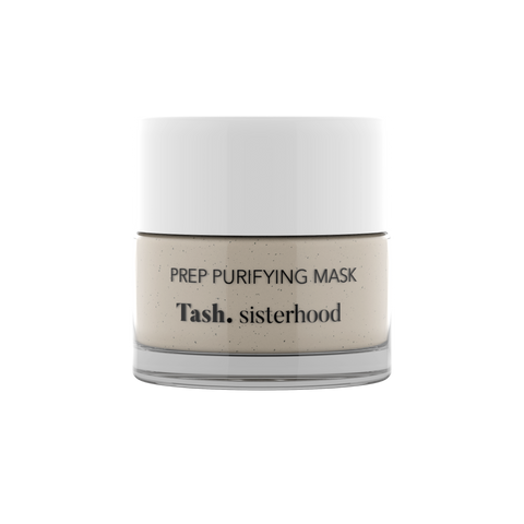 Glass jar of Prep Purifying Mask for mild exfoliating effect on the face from natural olive leaves from raw plant skincare brand Tash sisterhood.