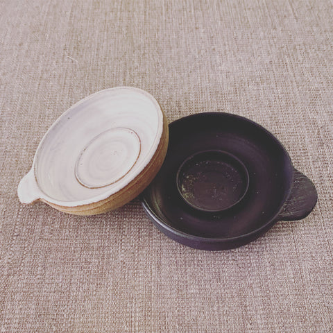 Unique, handmade exclusively for Bare Nordic Beauty, Skåne Ljus created a ceramic incense holder for loose incense or tealights in local clay, glazed gloss white or matt black colour on the inside with the outer left natural . With hand tag .