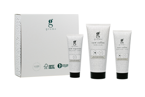 Grums 3 coffee scrubs, mask & hand wash in a gift box for a lovely beauty gift item to improve skin tone, texture and circulation.