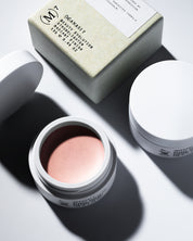 Soft peachy pearly pink tones of multi use natural and organic highlighter for all skins in minimalist white pots from Swedish make up brand Manasi7