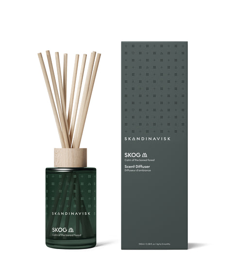 New product, and a limited edition. Smaller sized room diffuser from Skandinavisk with the scent Skog, of the Nordic forests, in luxury dark green glass, 8 reeds and all natural and vegan scent.