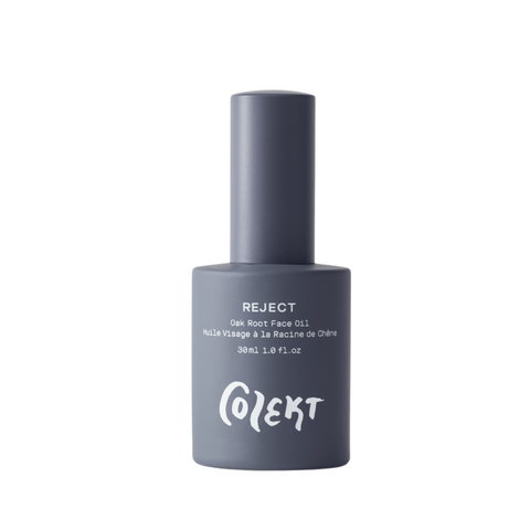 REJECT oak root face oil natural & vegan skincare in stylish & unisex all grey bottle with white graphic from Colekt Stockholm