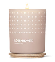 Rosenhave, organic vegan rose garden scented candle in soft pink toned glass jar with wooden lid for Nordic home style from Skandinavisk