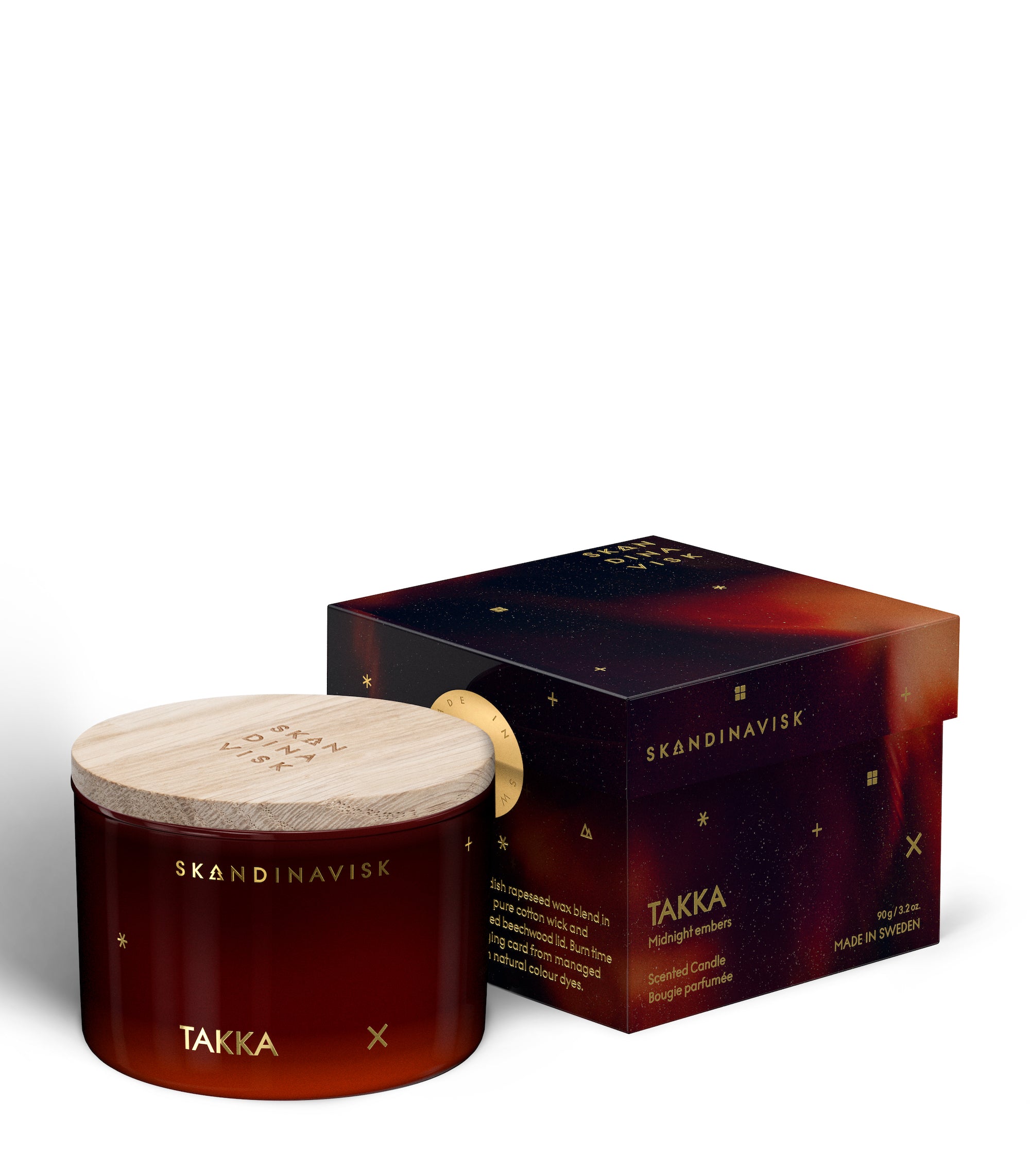 Takka Organic vegan fireside scented candle in luxury seasonal gift box with wooden lid for Nordic home style from Skandinavisk