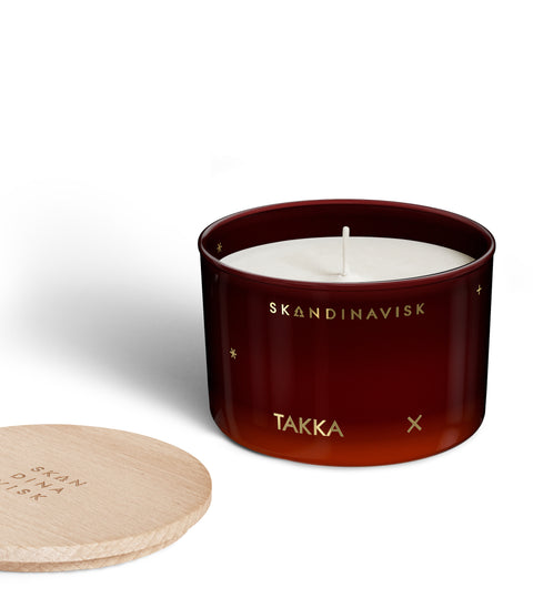 Takka Organic vegan smoky scented candle in soft toned glass jar with wooden lid for Nordic home style from Skandinavisk