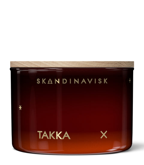 Takka Organic vegan smoky scented candle in autumn toned glass jar with wooden lid for Nordic home style from Skandinavisk