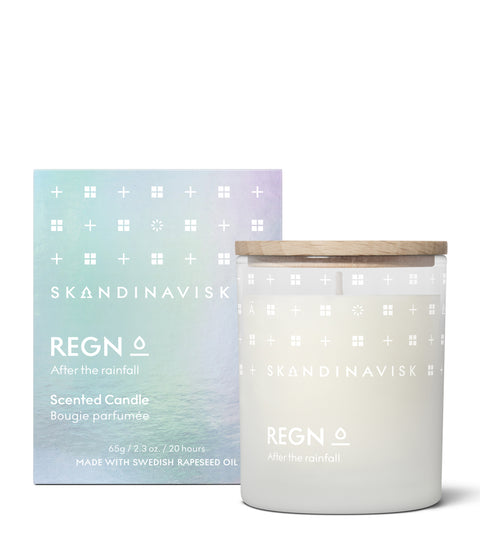 Regn Organic vegan  rain scented candle in soft clear glass jar with wooden lid for Nordic home style from Skandinavisk