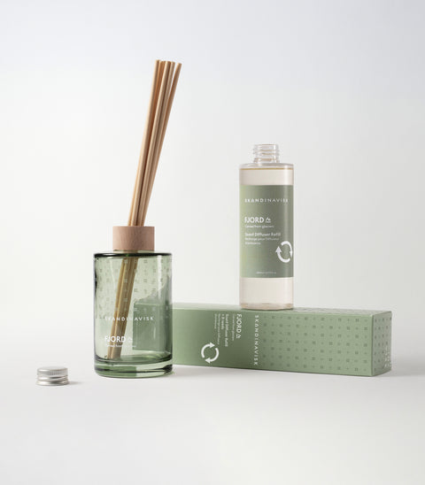 Sustainable & price conscious refill for FJORD scent diffuser of organic vegan room fragrance with 8 sticks in plastic bottle for the best in Nordic home style from Skandinavisk