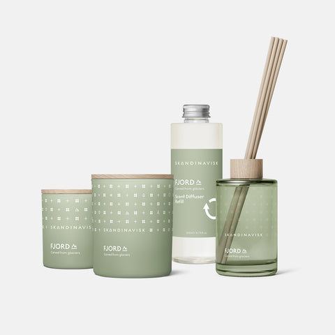 Sustainable & price conscious refill for FJORD scent diffuser of organic vegan room fragrance with 8 sticks in plastic bottle for the best in Nordic home style from Skandinavisk