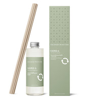 Sustainable & price conscious refill for FJORD scent diffuser of organic vegan room fragrance with 8 sticks in plastic bottle for the best in Nordic home style from Skandinavisk