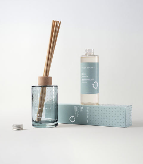 Sustainable & price conscious refill for ØY scent diffuser of organic vegan room fragrance with 8 sticks in plastic bottle for the best in Nordic home style from Skandinavisk