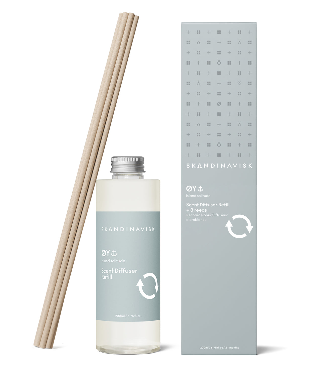 Sustainable & price conscious refill for ØY scent diffuser of organic vegan room fragrance with 8 sticks in plastic bottle for the best in Nordic home style from Skandinavisk