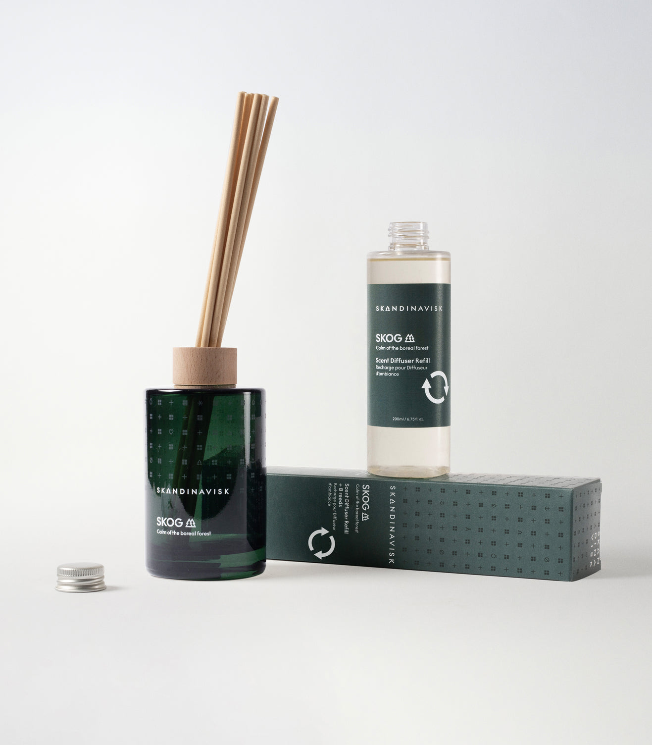 Sustainable & price conscious refill for SKOG scent diffuser of organic vegan room fragrance with 8 sticks in plastic bottle for the best in Nordic home style from Skandinavisk