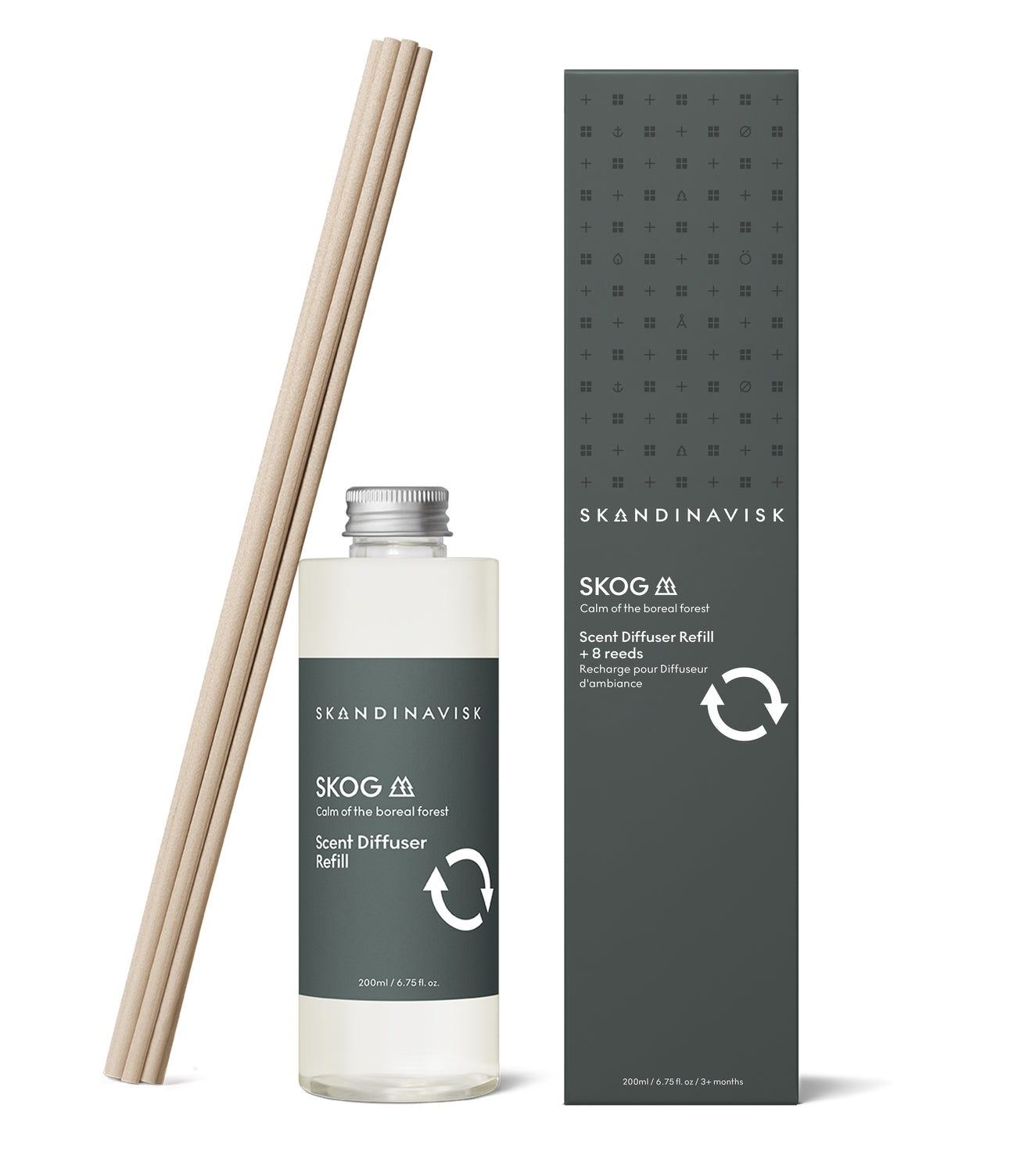 Sustainable & price conscious refill for SKOG scent diffuser of organic vegan room fragrance with 8 sticks in plastic bottle for the best in Nordic home style from Skandinavisk