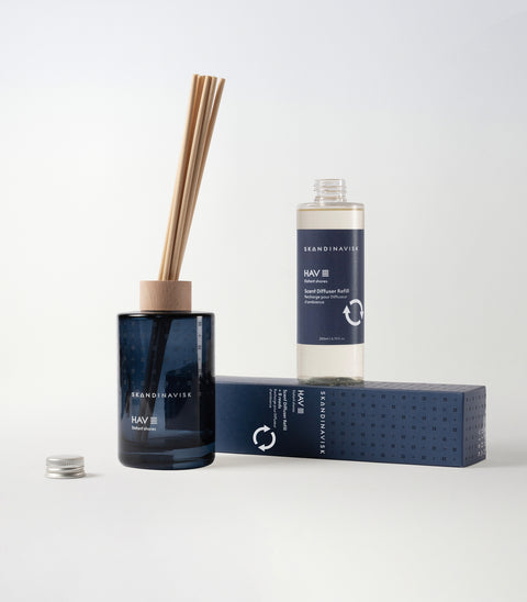 Sustainable & price conscious refill for HAV scent diffuser of organic vegan room fragrance with 8 sticks in plastic bottle for the best in Nordic home style from Skandinavisk