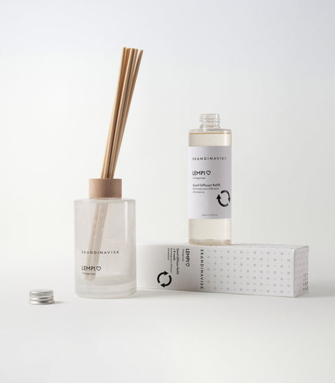 Sustainable & price conscious refill for LEMPI scent diffuser of organic vegan room fragrance with 8 sticks in plastic bottle for the best in Nordic home style from Skandinavisk