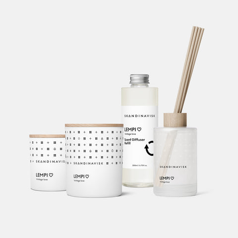 Sustainable & price conscious refill for LEMPI scent diffuser of organic vegan room fragrance with 8 sticks in plastic bottle for the best in Nordic home style from Skandinavisk