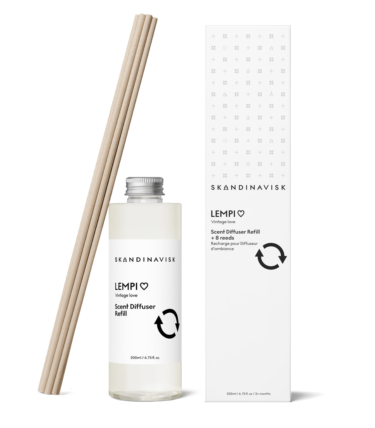 Sustainable & price conscious refill for LEMPI scent diffuser of organic vegan room fragrance with 8 sticks in plastic bottle for the best in Nordic home style from Skandinavisk