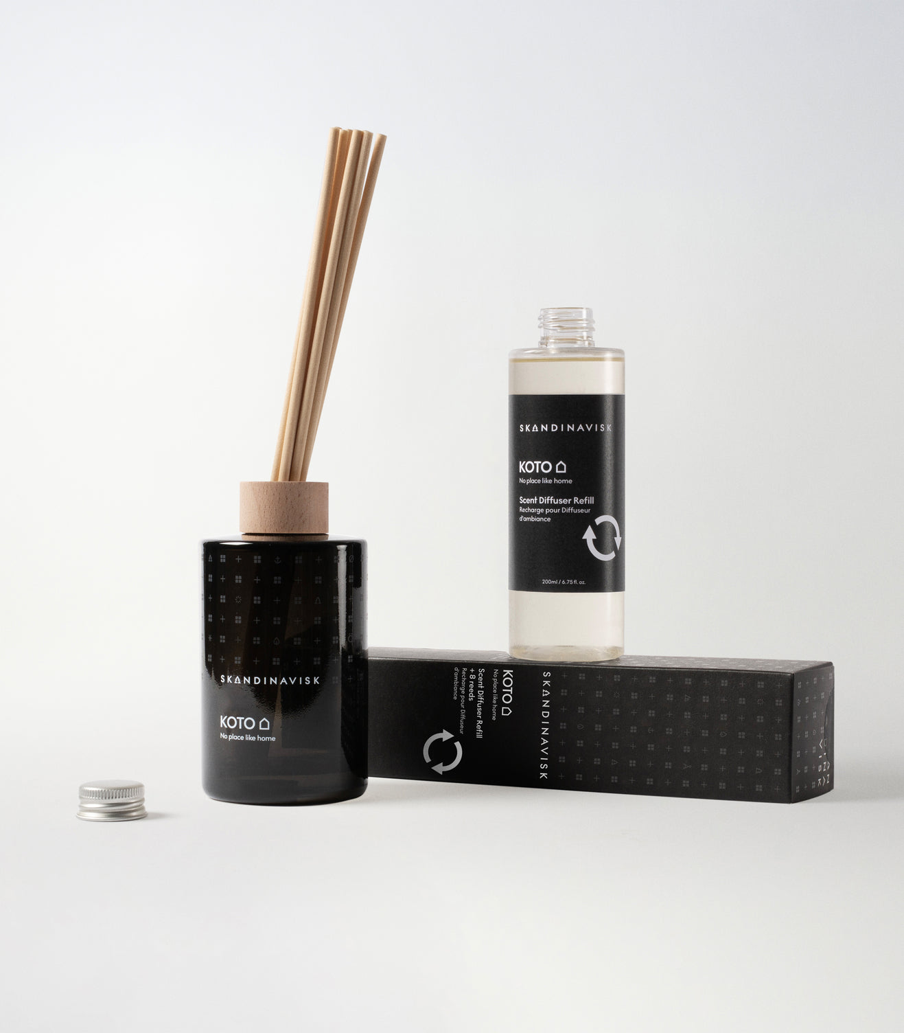 Sustainable & price conscious refill for KOTO scent diffuser of organic vegan room fragrance with 8 sticks in plastic bottle for the best in Nordic home style from Skandinavisk