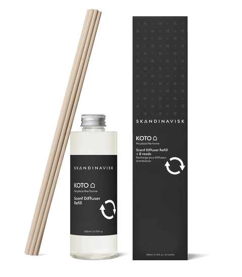 Sustainable & price conscious refill for KOTO scent diffuser of organic vegan room fragrance with 8 sticks in plastic bottle for the best in Nordic home style from Skandinavisk