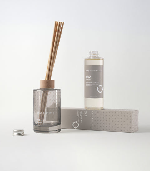 Sustainable & price conscious refill for RO scent diffuser of organic vegan room fragrance with 8 sticks in plastic bottle for the best in Nordic home style from Skandinavisk