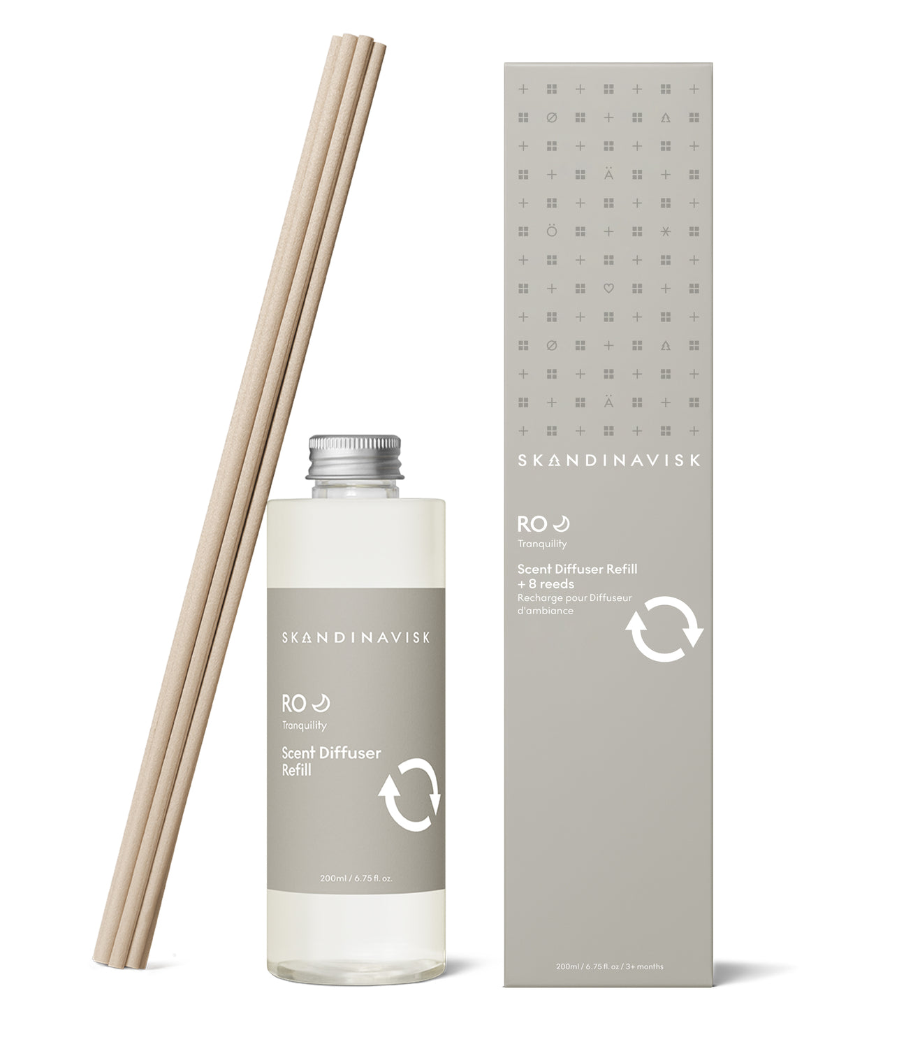 Sustainable & price conscious refill for RO scent diffuser of organic vegan room fragrance with 8 sticks in plastic bottle for the best in Nordic home style from Skandinavisk